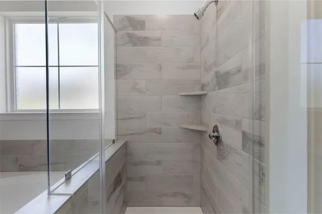 a bathroom with a granite countertop sink a shower and a mirror