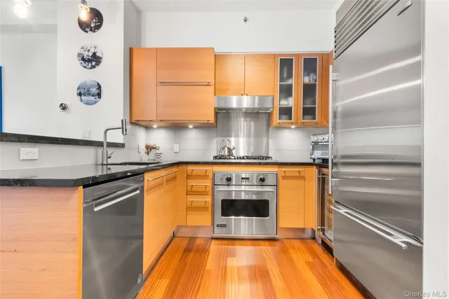 a kitchen with stainless steel appliances granite countertop a stove and a sink