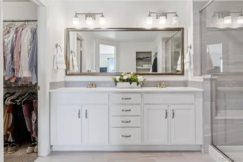 a bathroom with a shower and a sink a mirror