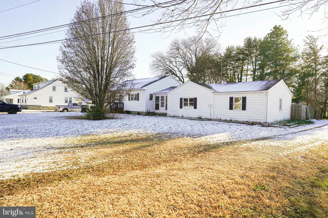 a view of a white house with a yard and large tree