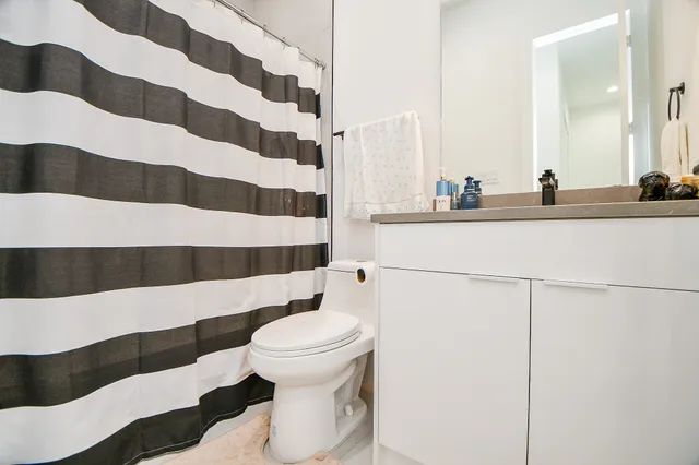 a bathroom with a sink a toilet a mirror and shower curtain