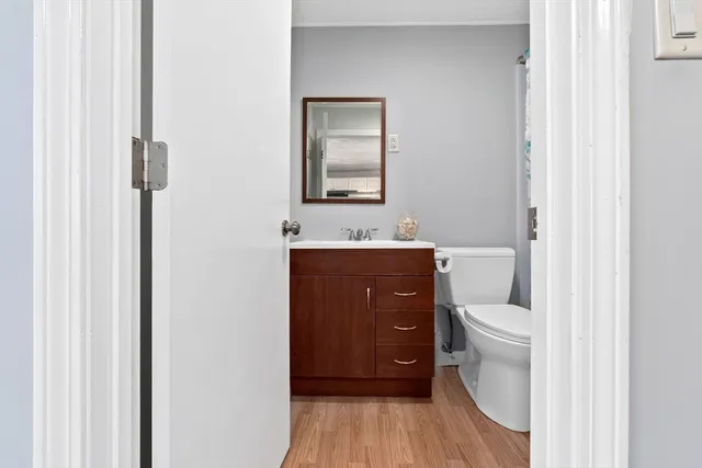 a bathroom with a toilet a sink and mirror