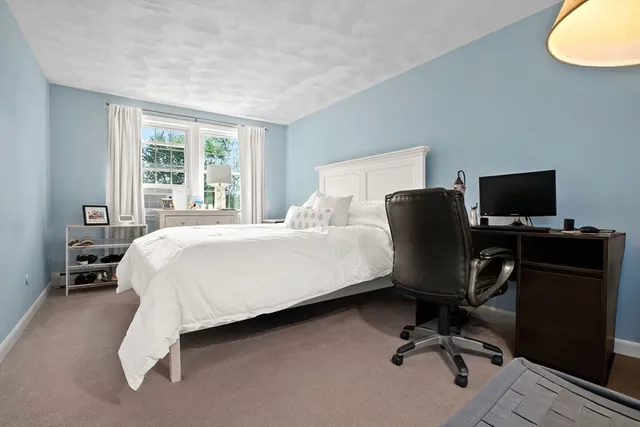 a bedroom with a bed cabinets and a desk