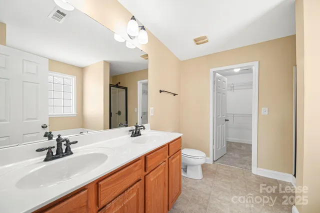 a bathroom with a sink a toilet a large mirror and shower