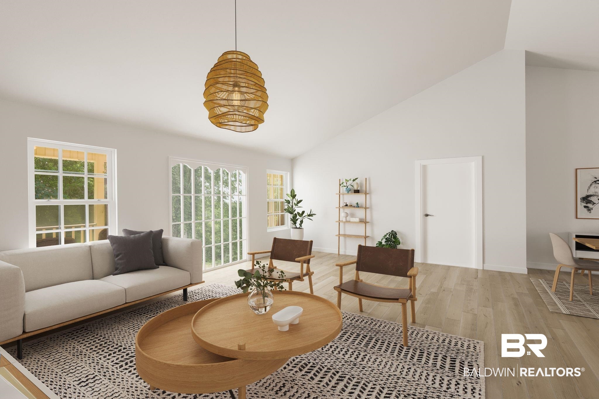 19413 Rada Road Silverhill, AL 36576 - Photo 14 of 37 Living room featuring light hardwood / wood-style flooring, high vaulted ceiling, and plenty of natural light