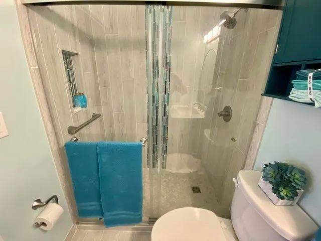a bathroom with a toilet and a shower