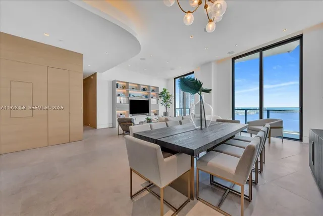 a view of a dining room with furniture window and outside view