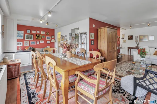 a view of a dining room with furniture