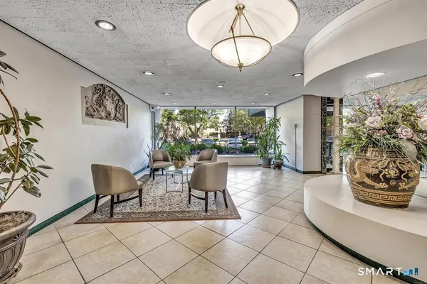 a view of a dining room with furniture