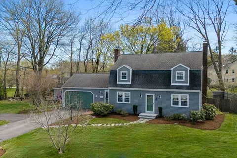 a view of a yard in front of a house with plants and large tree