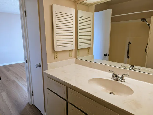 a bathroom with a sink and a mirror