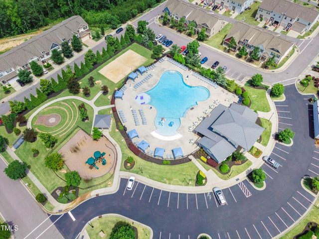 an aerial view of a backyard