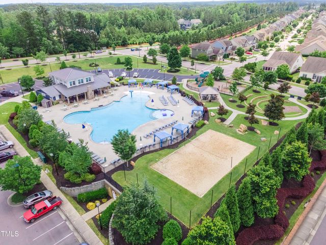 an aerial view of a swimming pool