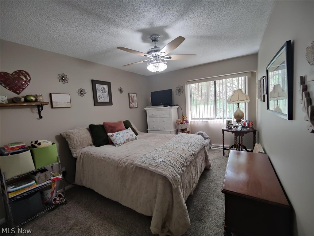 643 Hampton Ridge Drive Akron, OH 44313 - Photo 23 of 27 Carpeted bedroom featuring a textured ceiling, ceiling fan, and baseboard heating