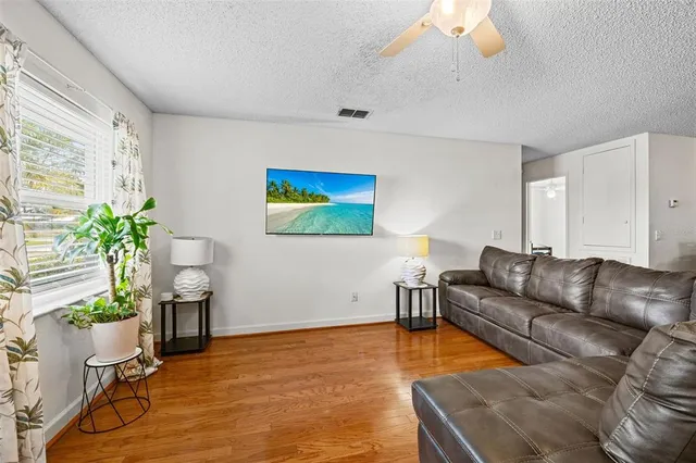 a living room with furniture and a potted plant