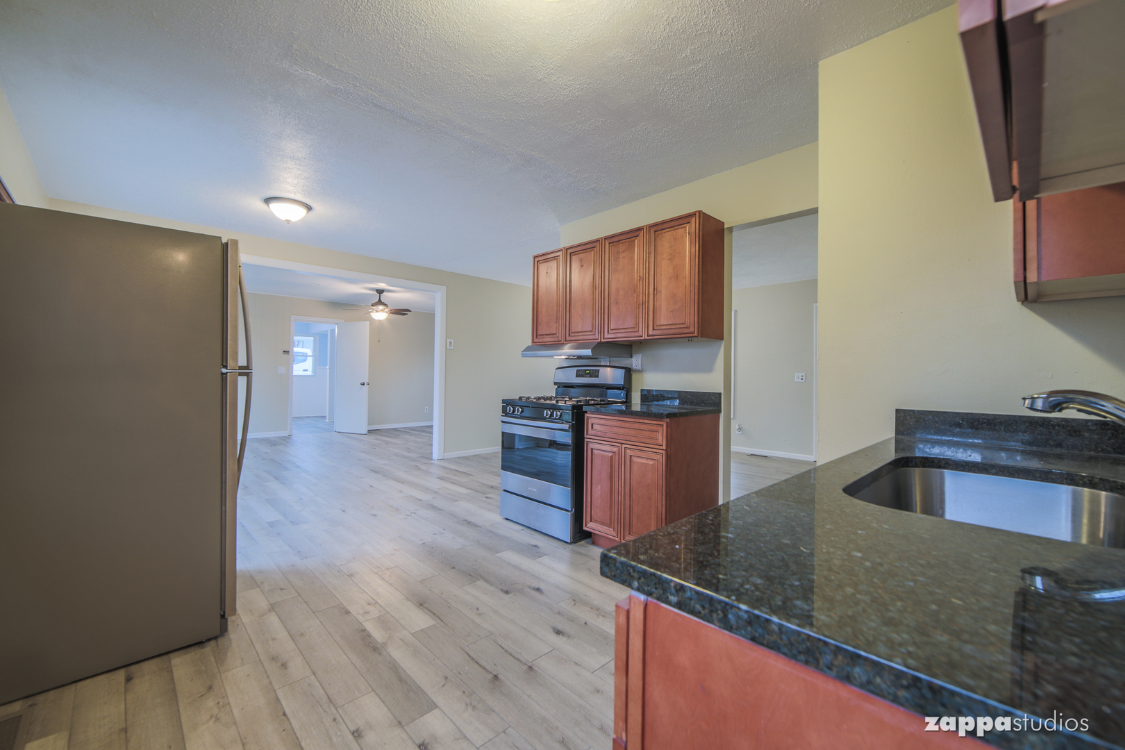 58 Long Beach Road Montgomery, IL 60538 - Photo 10 of 35 a kitchen with stainless steel appliances granite countertop a refrigerator a stove and a sink with wooden floor