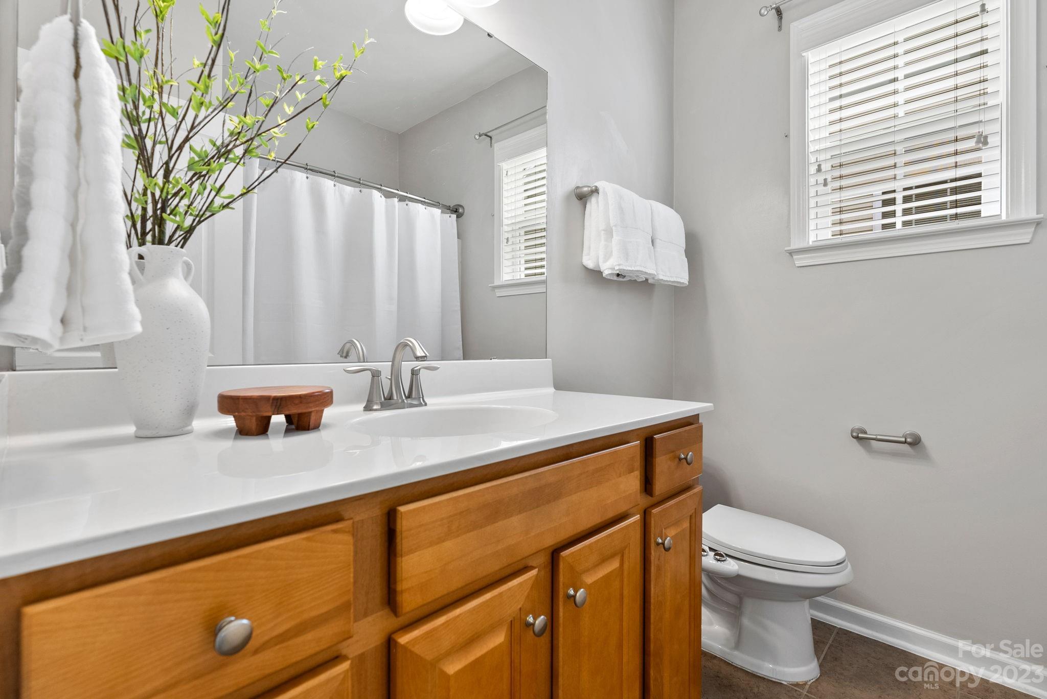 60 West Hiawassee Road Fletcher, NC 28732 - Photo 27 of 40 a bathroom with a granite countertop sink a toilet and mirror