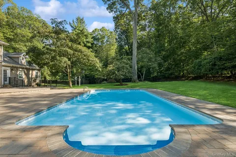 a view of a swimming pool with a yard