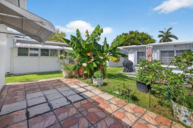 a view of a yard with potted plants