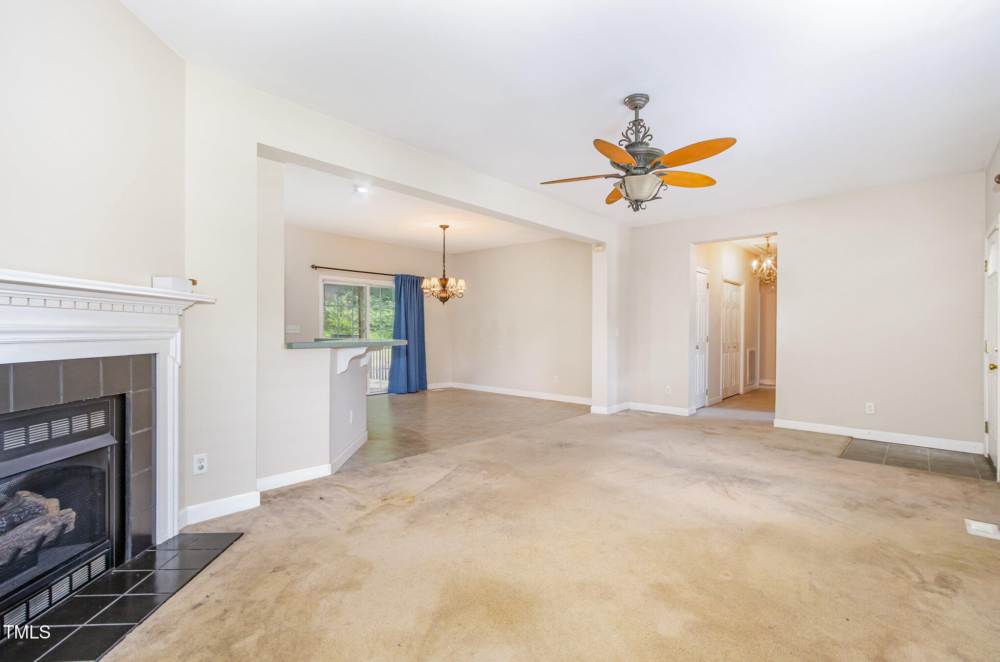 824 Kittrell Road Kittrell, NC 27544 - Photo 6 of 37 a view of a livingroom with a fireplace and a ceiling fan