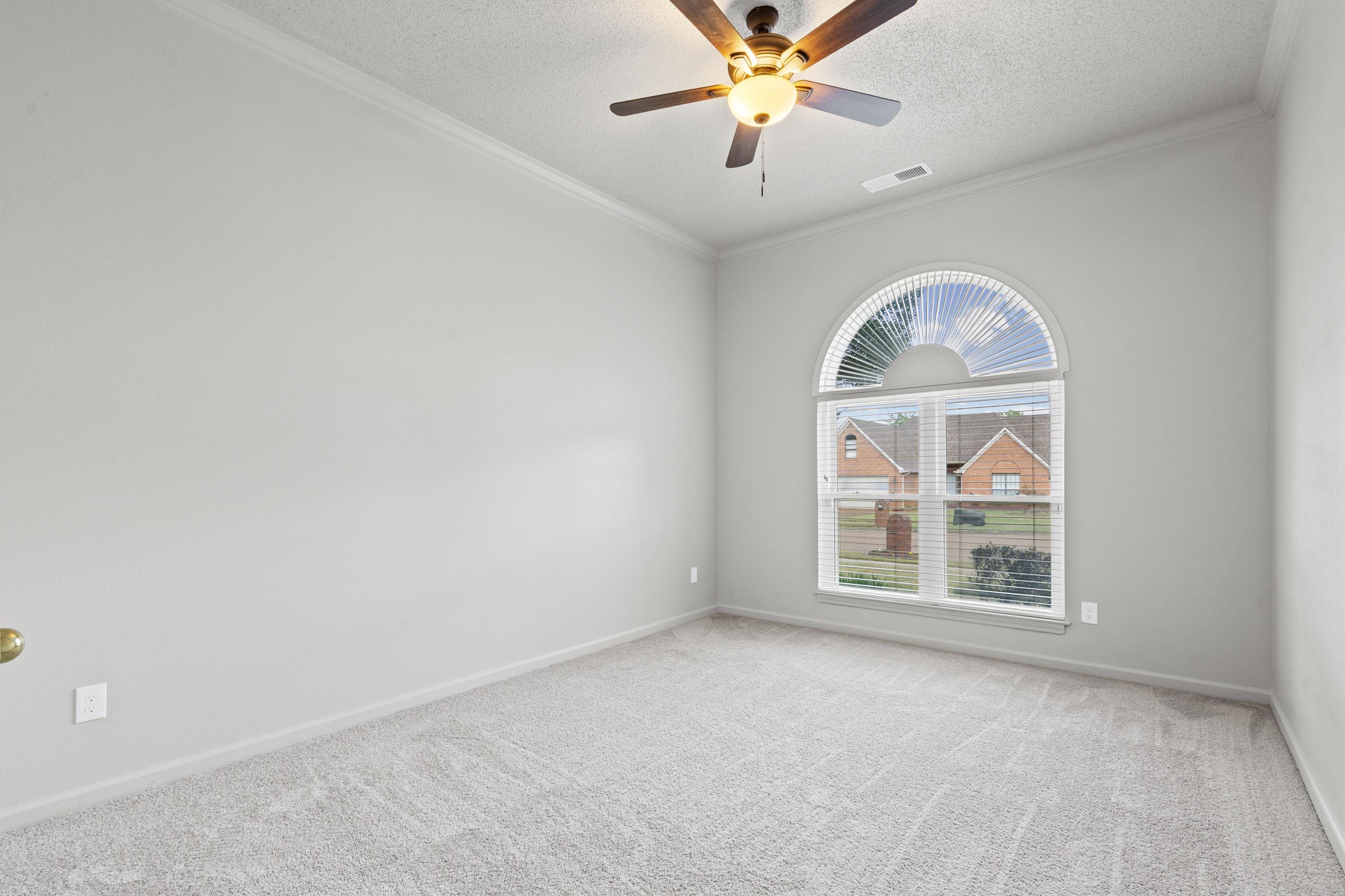 1301 Wolf Lair Drive Collierville, TN 38017 - Photo 16 of 32 Spare room with light carpet, a ceiling fan, a textured ceiling, and ornamental molding