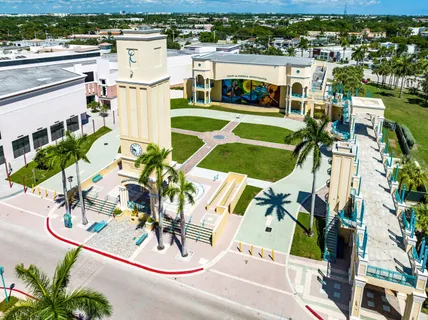 a picture of a city with lawn chairs