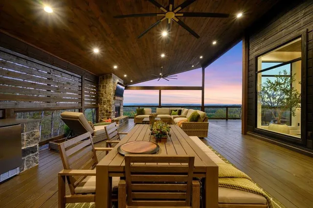 a view of a room with a chandelier