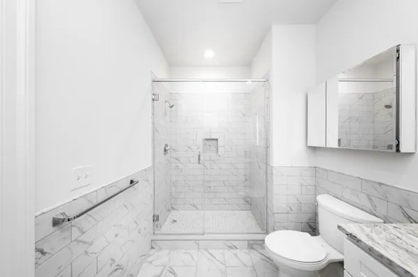 a bathroom with a shower and a toilet