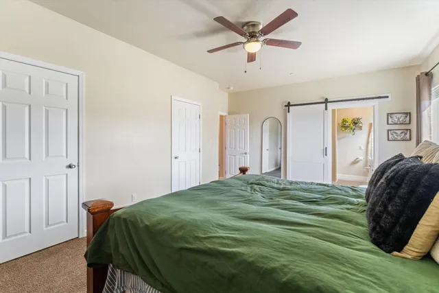 a bedroom with a bed closet and a window