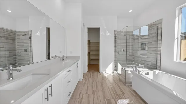 a bathroom with a double vanity sink and a bathtub