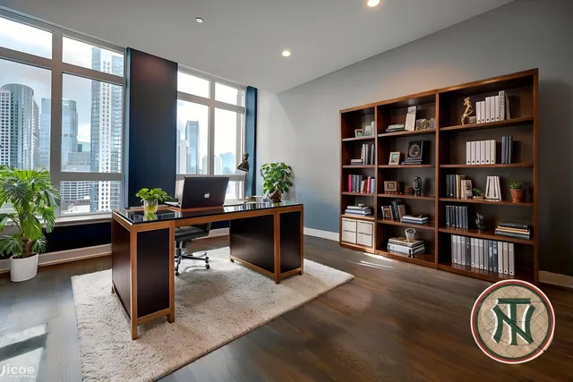a view of a workspace with furniture and a potted plant