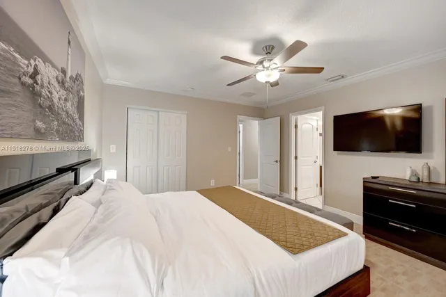 a bedroom with a bed and a flat screen tv