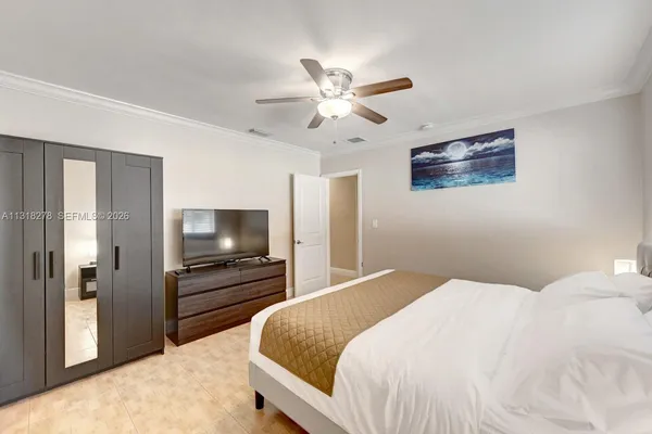 a bedroom with a bed and a flat screen tv