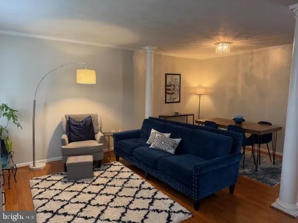 a living room with a couch and a potted plant