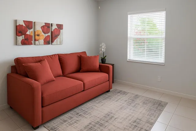 a blue couch sitting in a living room next to a window