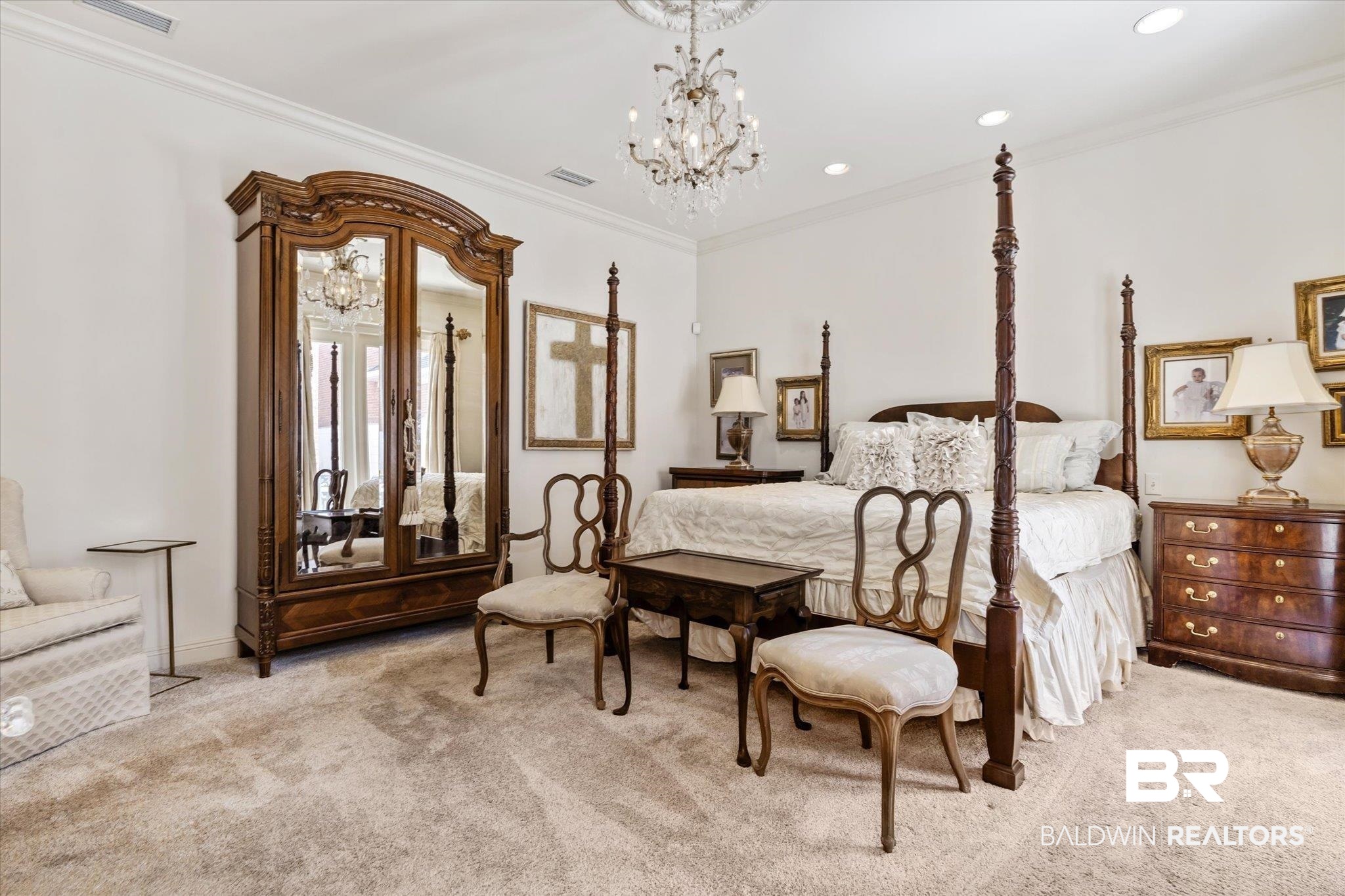 3963 Wimbledon Park Mobile, AL 36608 - Photo 21 of 51 Bedroom featuring an inviting chandelier, ornamental molding, and light carpet