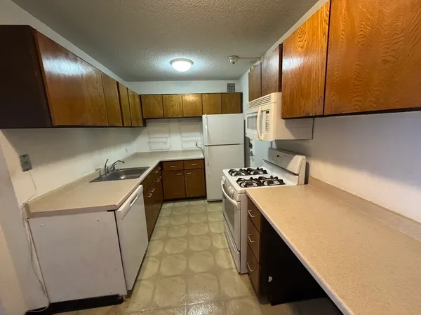 a kitchen with a sink a stove and a refrigerator