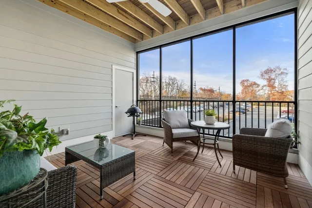 a building outdoor space with patio furniture