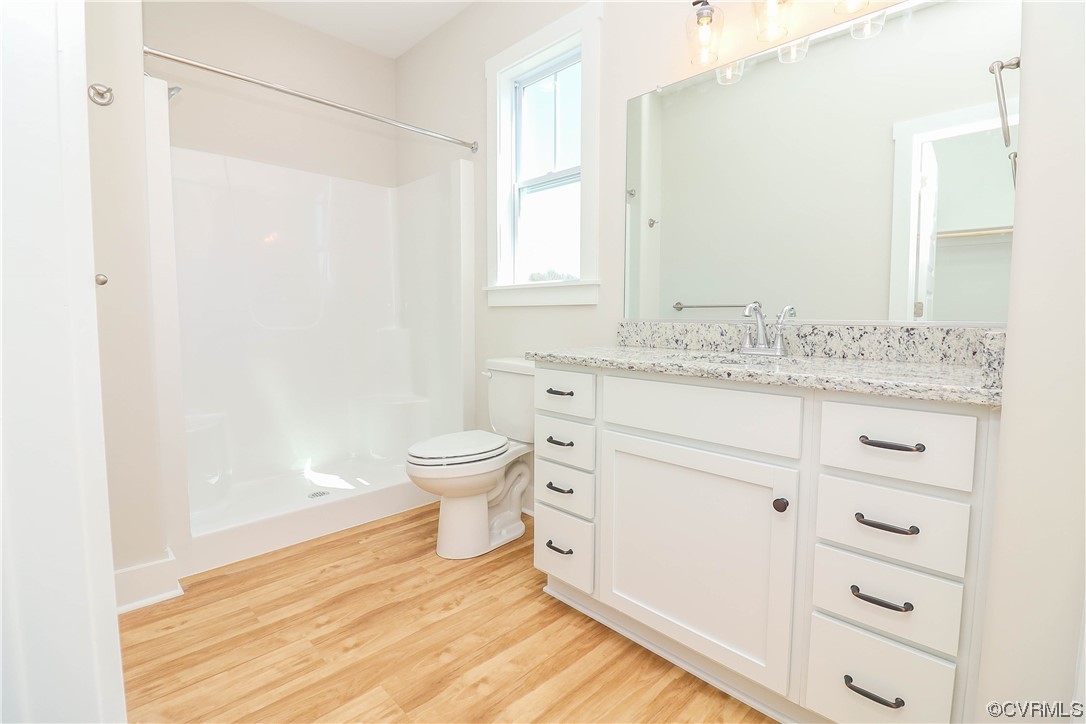 288 Moore Road Pamplin, VA 23958 - Photo 22 of 29 a bathroom with a granite countertop sink toilet and shower