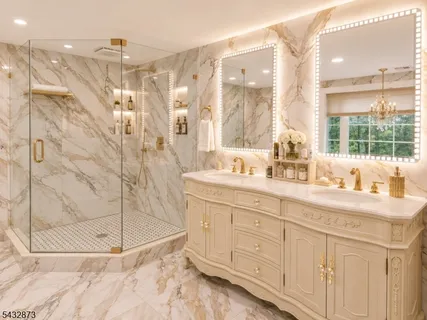 a bathroom with a double vanity sink mirror and shower