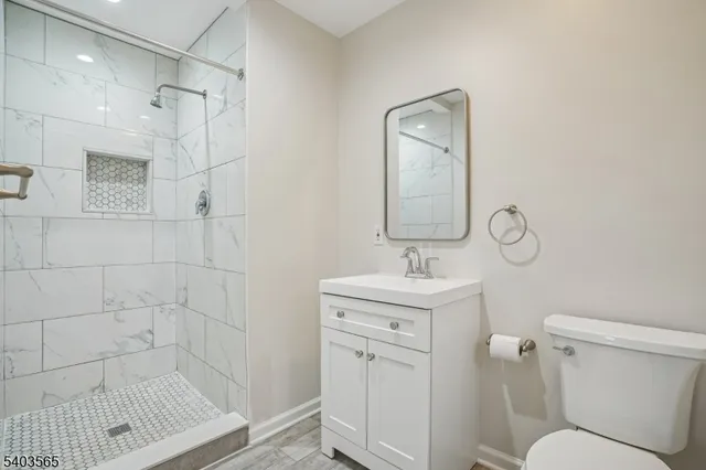 a bathroom with a toilet sink vanity shower and mirror