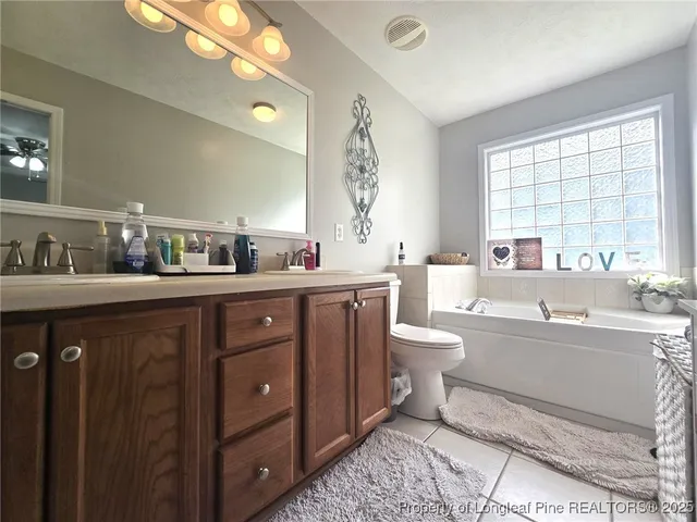 a bathroom with a double vanity sink toilet mirror and bathtub