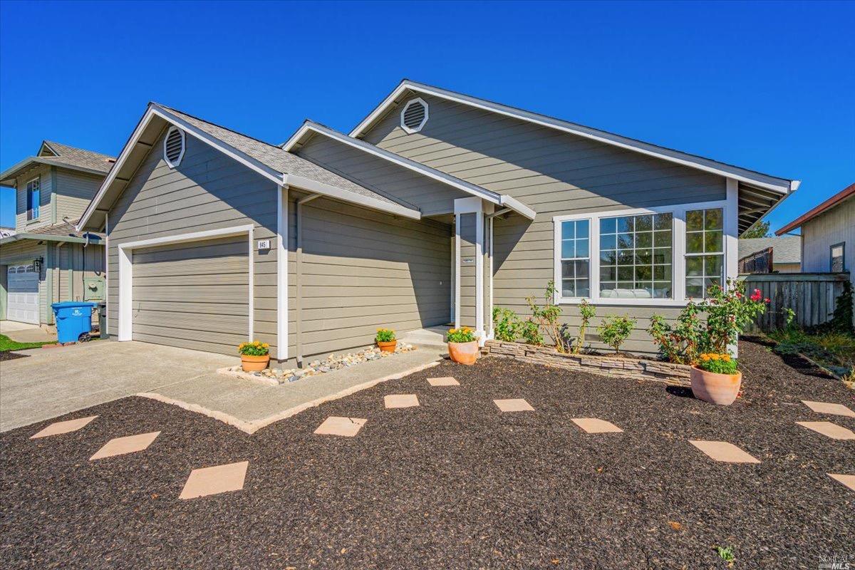 front view of a house with a patio