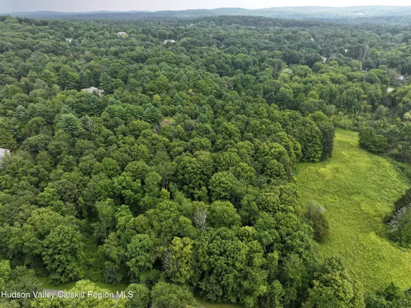 an aerial view of residential houses with outdoor space and trees