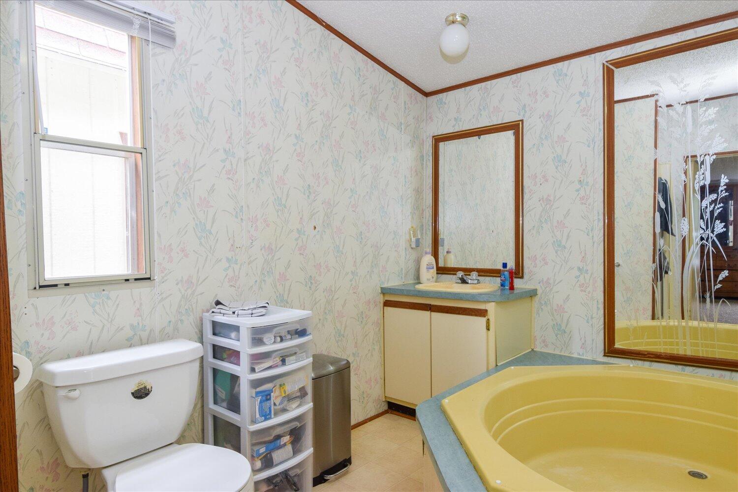 6423 Meacham Road Salem, VA 24153 - Photo 15 of 29 a bathroom with a granite countertop sink a mirror and a toilet