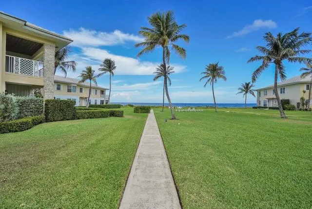 a view of a house with a yard and palm trees