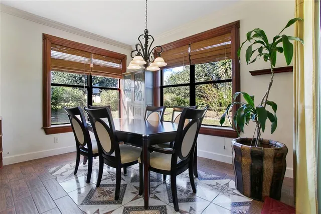 a view of a dining room with furniture window and outside view
