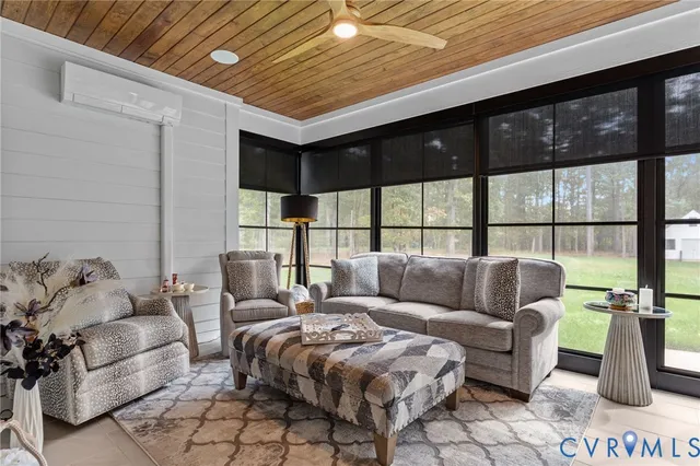 a living room with furniture and a floor to ceiling window