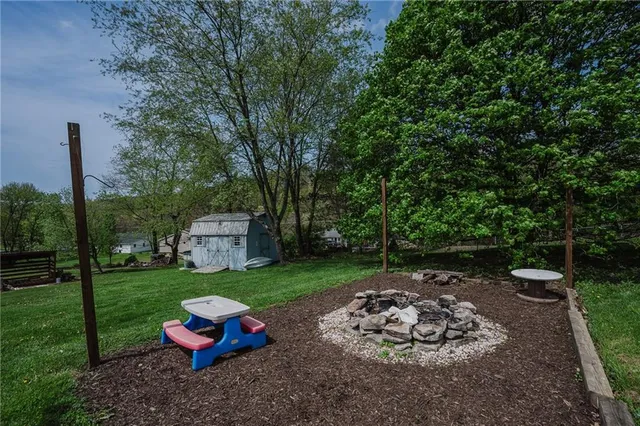 a backyard of a house with table and chairs