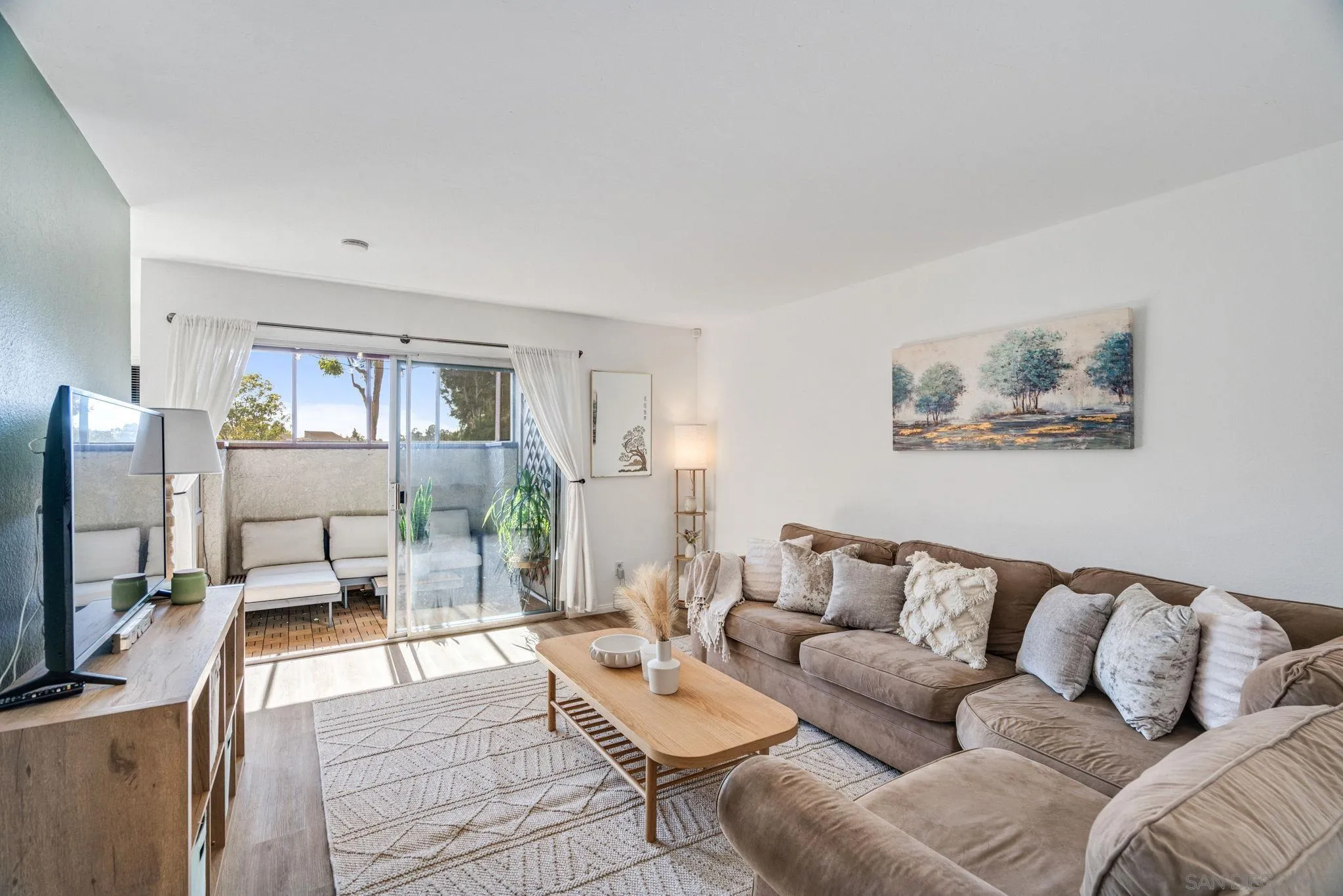5553 Adobe Falls Road, Unit 1 San Diego, CA 92120 - Photo 1 of 21 a living room with furniture and a flat screen tv